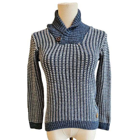 H&M Womens L.O.G.G. Mock Turtleneck sweater Blue Stripe Fisherman Cozy Sz XS 4-6 - Picture 1 of 4